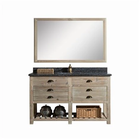 Meuble-lavabo de salle de bain antique en bois vieilli avec étagère
