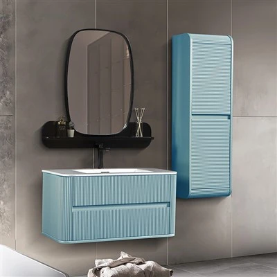 Meuble de salle de bain courbé bleu glace
