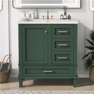 Vanité de salle de bain verte moderne avec lavabo en résine