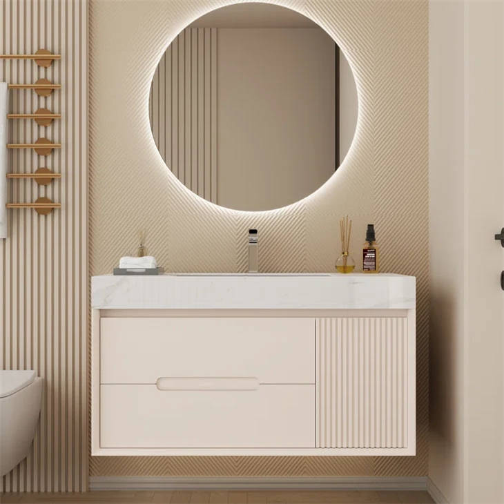 Meuble-lavabo simple jaune crème avec dessus en quartz