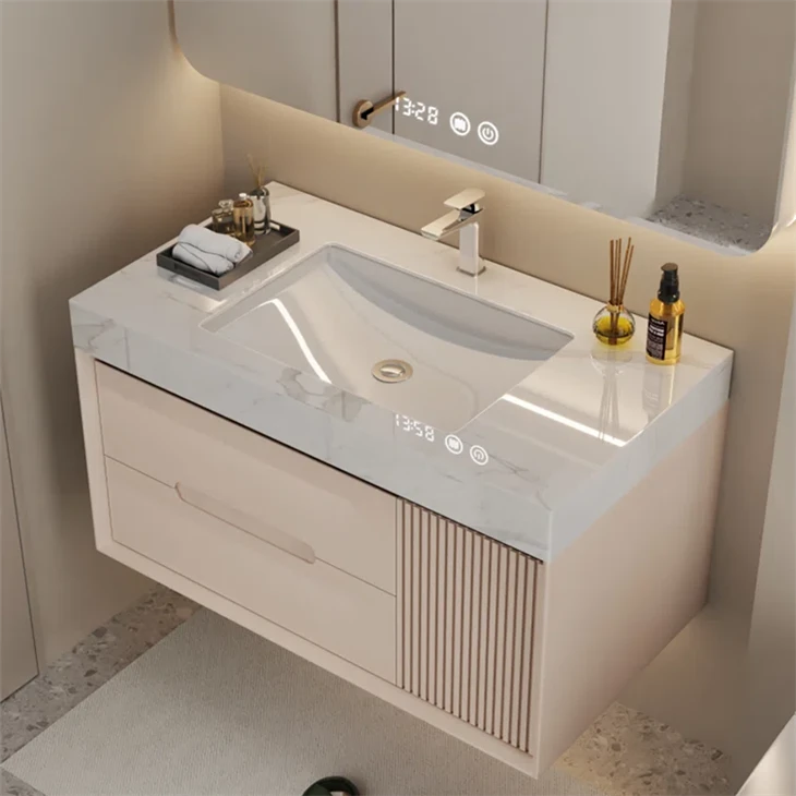 Cream Yellow Single Bathroom Vanity With Quartz Top