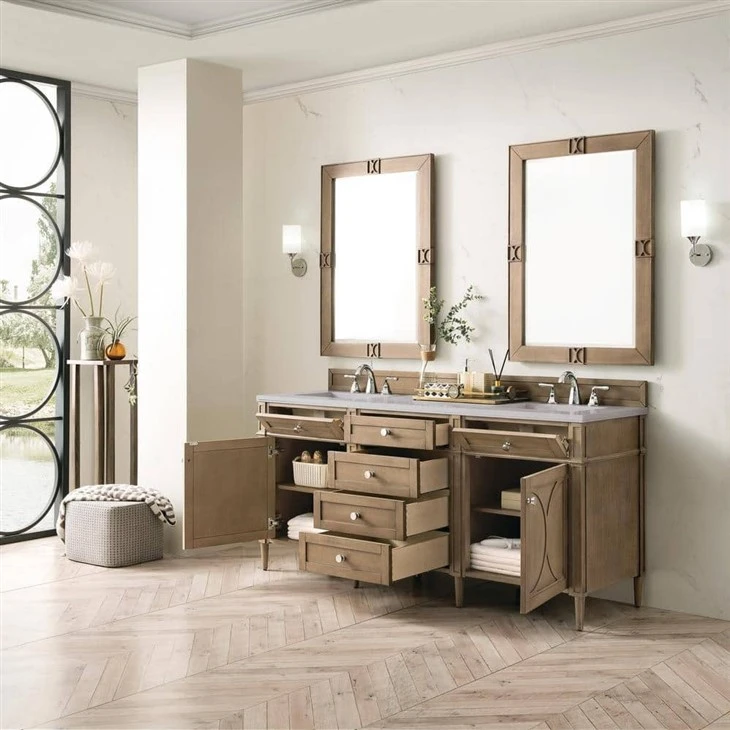 Double Sink Freestanding Vanity in Walnut W/ Pietra Gray Quartz Top